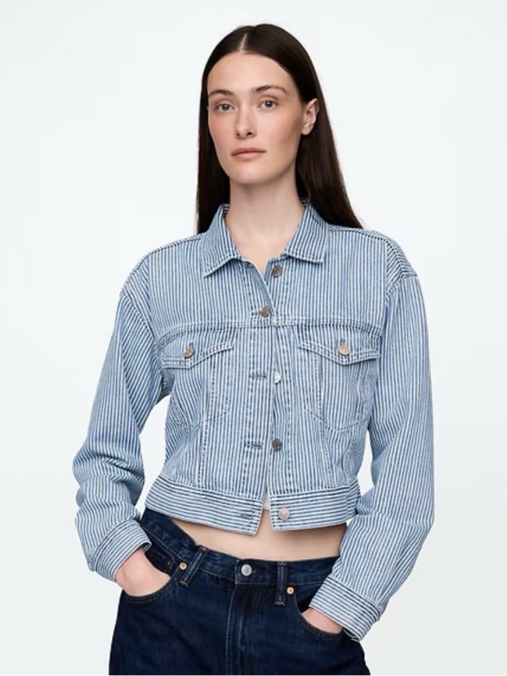 GAP Striped Blue and White Cropped Denim Jacket